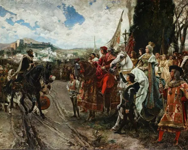 Un rey a caballo, con Granada al fondo, recibe a una reina y su corte. La escena evoca la importancia de la Mesta en la España medieval.
