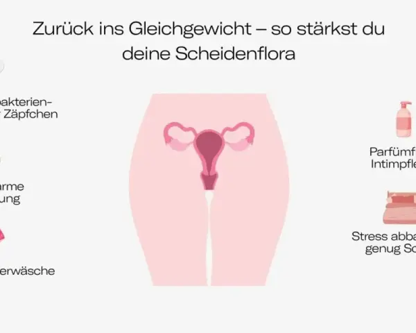 Grafik zeigt, wie man die Scheidenflora stärkt: Milchsäurebakterien, zuckerarme Ernährung, Baumwollunterwäsche, parfümfreie Intimpflege, Stressabbau. Dies hilft, eine Ursache für Scheidenpilz zu vermeiden.