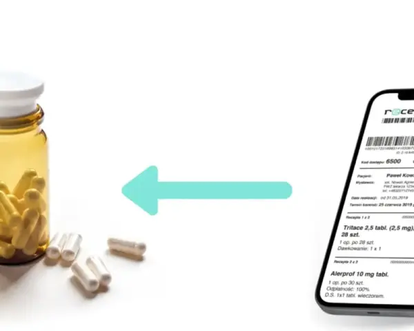 Butelka z kapsułkami i smartfon z receptą. Czy witamina E jest na receptę? Zobacz, jak uzyskać e-receptę.