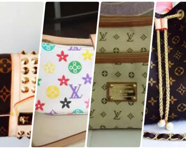 Cztery zbliżenia torebek Louis Vuitton: jedna z ćwiekami, druga kolorowa, trzecia z logo i blachą, czwarta ze złotym sznurkiem.