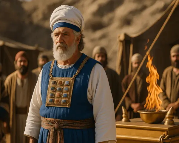 An elder, possibly Eleazar in the Bible, stands in a desert setting, wearing a priestly garment with a jeweled breastplate.