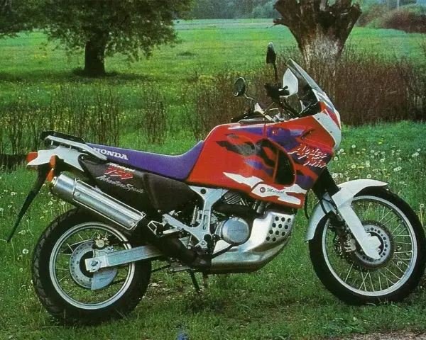 Honda Africa Twin 750 Adventure Sports na tle łąki. Choć to legendarny motocykl, warto znać jego wady przed zakupem.