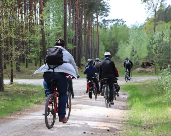 Grupa rowerzystów w lesie. Słońce przebija się przez drzewa, a ścieżka jest piaszczysta. To świetny sposób na spalenie puste kalorie i cieszenie się naturą.