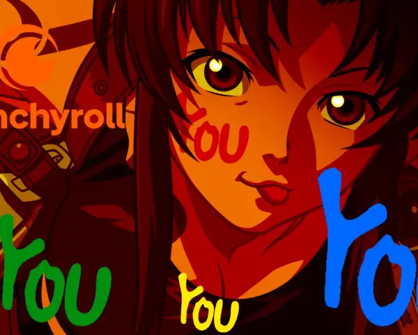 Anime-Figur mit Crunchyroll-Logo und bunten "you"-Schriftzügen.
