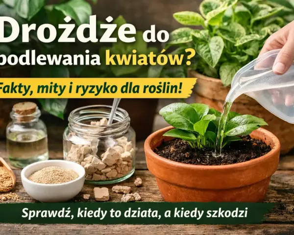 Nawóz z drożdży do kwiatów? Na zdjęciu widać słoik z drożdżami, buteleczkę z płynem i młodą roślinę w doniczce, którą podlewa ręka.