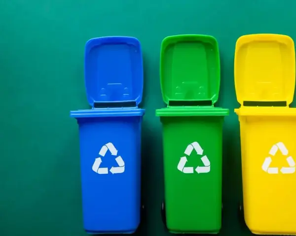 Trzy kolorowe kosze na śmieci: niebieski, zielony i żółty, z symbolami recyklingu. Pytanie: gdzie wyrzucać jednorazówki?