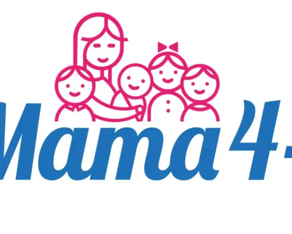 Logo "Mama 4+" z rysunkiem matki i czwórki dzieci. Symbolizuje emeryturę dla matek 4 dzieci, które pracowały.