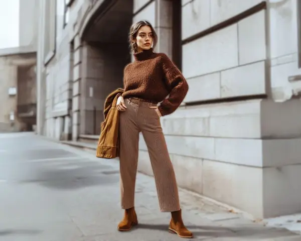 Mujer con suéter marrón y pantalones a rayas, luciendo un impecable estilo monocromático en la calle.