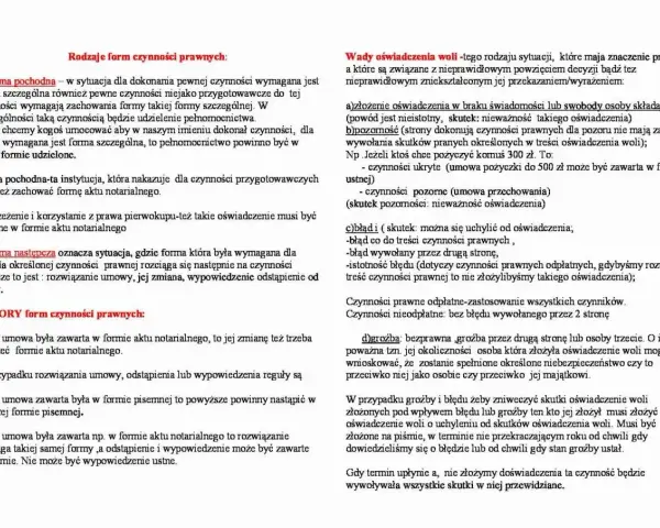 Dokument omawia formy czynności prawnych, w tym formę pochodną i następczą, oraz wady oświadczenia woli. Zawiera informacje o repertorium prawnym.