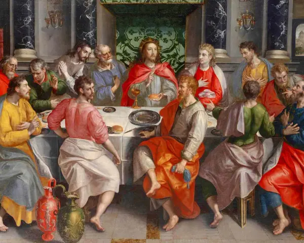 Jesus and his disciples at the Last Supper, a scene often depicted in different types of churches, with ornate architecture and rich fabrics.