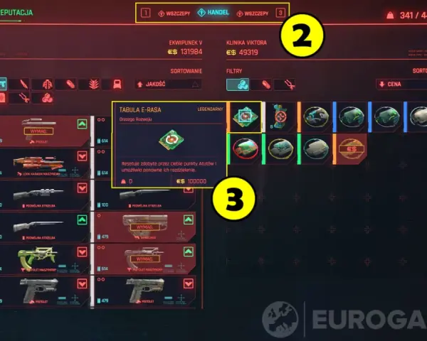 Interfejs gry Cyberpunk 2077: ekwipunek, handel i zasady gry. Widok menu z przedmiotami, w tym legendarną "Tabulą E-Rasa".