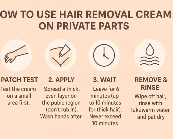Instructions for using depilatory cream on private parts: patch test, apply, wait, and rinse. This cream's function is hair removal.
