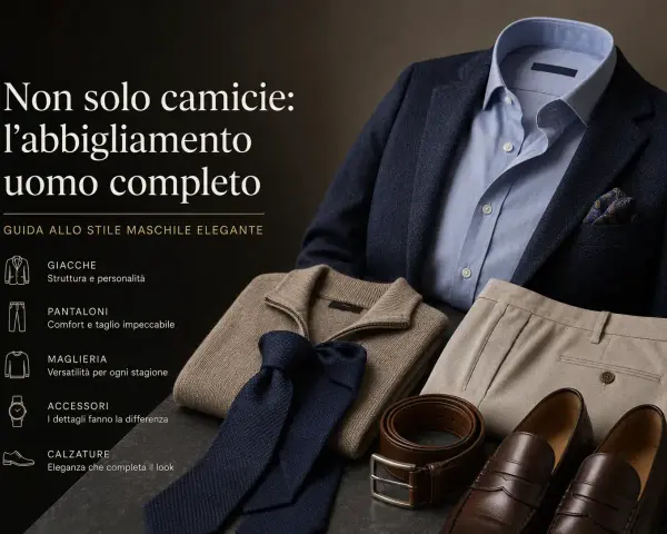 Un completo da uomo elegante: giacca blu, camicia azzurra, pantaloni beige, maglione, cravatta, cintura e scarpe.