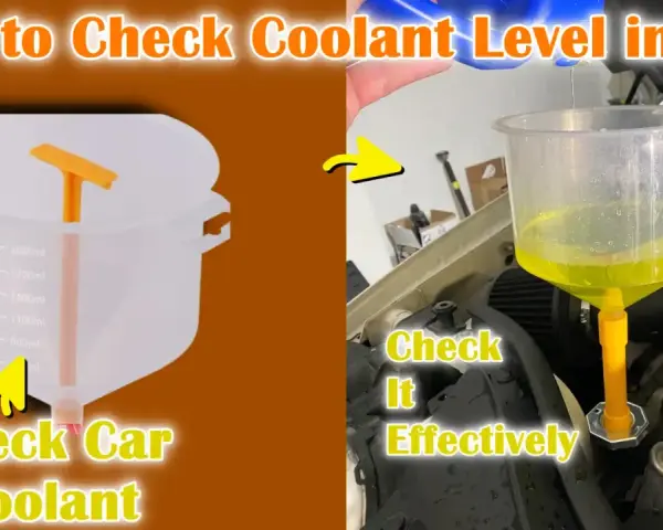 Learn how to check car coolant level effectively. The image shows a measuring jug and a funnel being used to check the coolant in a car engine.