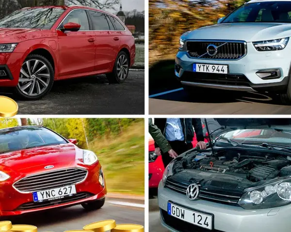Fyra bilar visas. En röd Skoda, en ljusblå Volvo, en röd Ford och en silverfärgad VW med öppen motorhuv. Vilken bil har kamkedja eller kamrem?