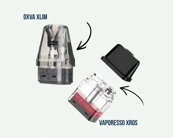 Cartucho Vaporesso Xros y un cartucho Oxva Xlim, ambos transparentes con líquido rojo visible en el Xros.