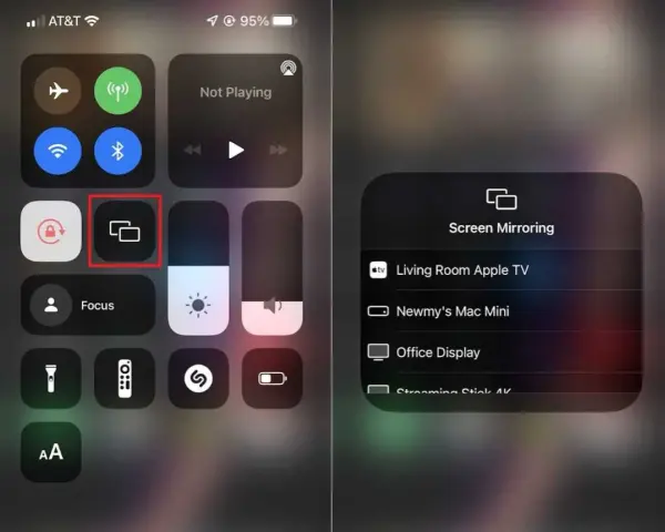 iPhone-skärmen visar kontrollcenter med alternativ för skärmspegling, inklusive AirPlay till Apple TV.
