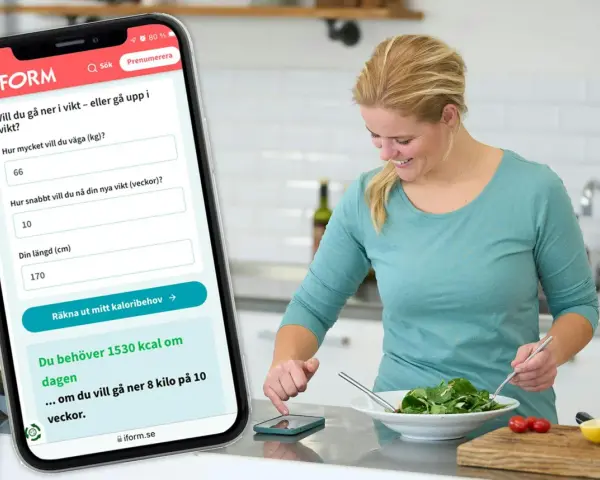Kvinna använder app för att räkna ut sitt kaloribehov. Appen visar att hon behöver 1530 kcal per dag för att gå ner 8 kg på 10 veckor.