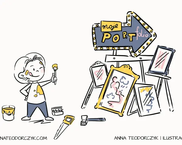 Dziecko z pędzlem i farbą, obok stoją obrazy i neonowy szyld "moje portfolio". To świetny przykład portfolio artystycznego.