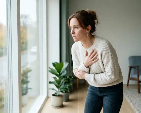 Kvinna med handen på bröstet, ser orolig ut. Hon kanske behöver **gad medicin** för sina besvär.