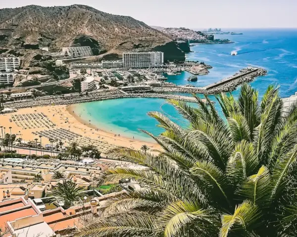 Gran Canaria pogoda idealna na plażowanie. Turkusowa woda, złoty piasek i palmy tworzą rajski widok.