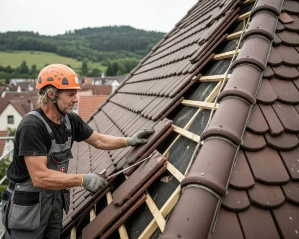 Handwerker mit Helm legt Ziegel auf ein Dach. Er ist dabei, das Dach zu beschichten und sorgt für Schutz vor Wind und Wetter.