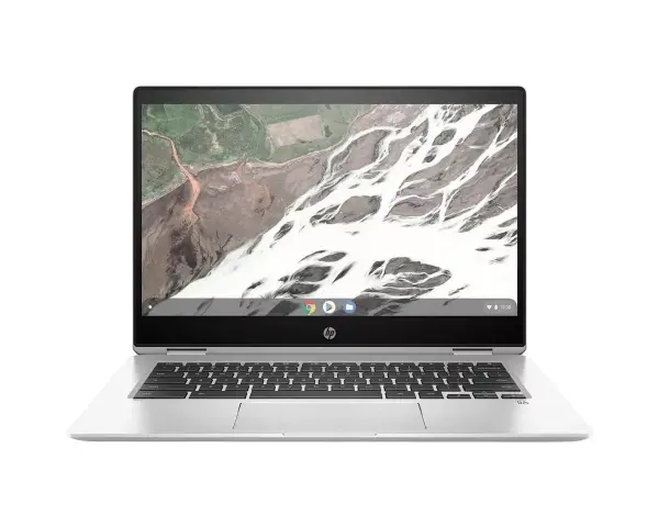 Srebrny laptop HP z systemem **Chromium OS** i klawiaturą. Na ekranie widok z lotu ptaka na krajobraz.