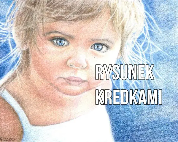 Uroczy portret dziecka z niebieskimi oczami, wykonany techniką rysunki kredkami.