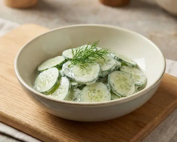 Frischer gurkensalat mit joghurt und dill in einer schüssel, garniert mit dill.