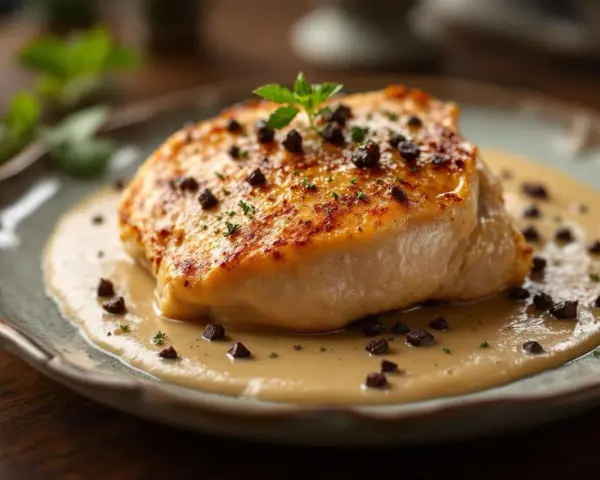 Un filet de poulet doré baignant dans une onctueuse sauce aux morilles, parsemé de morilles hachées et d'une touche de persil frais.