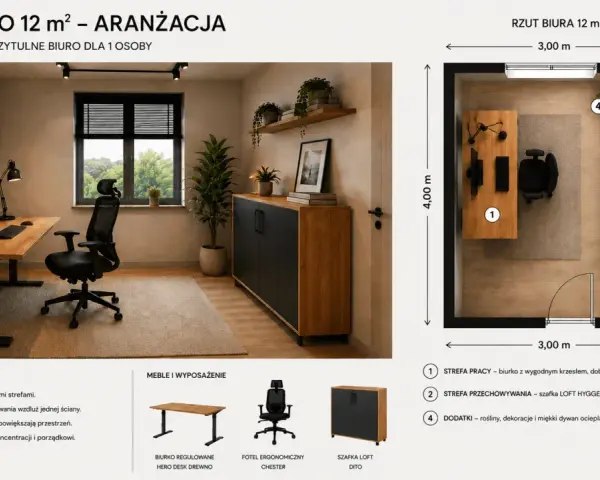 Funkcjonalne biuro z miejscem na drukarkę, gdzie drewno i jasne kolory tworzą przytulną atmosferę.