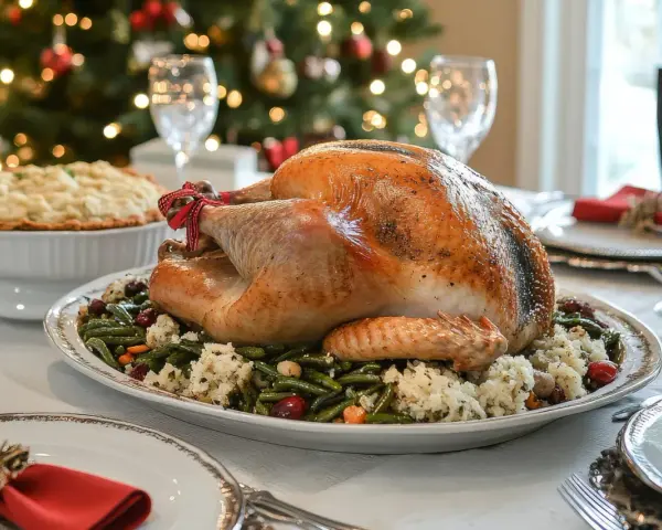 Un chapon rôti, prêt pour un repas de fête, servi avec des haricots verts et du riz. Une recette chapon farci à l'ancienne pour un Noël traditionnel.