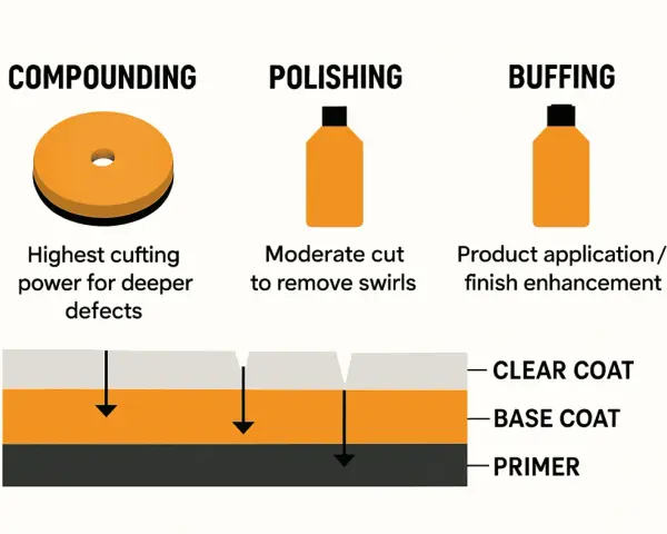 Car detailing steps: compound first for deep defects, then polish to remove swirls, and finally buff for finish enhancement.