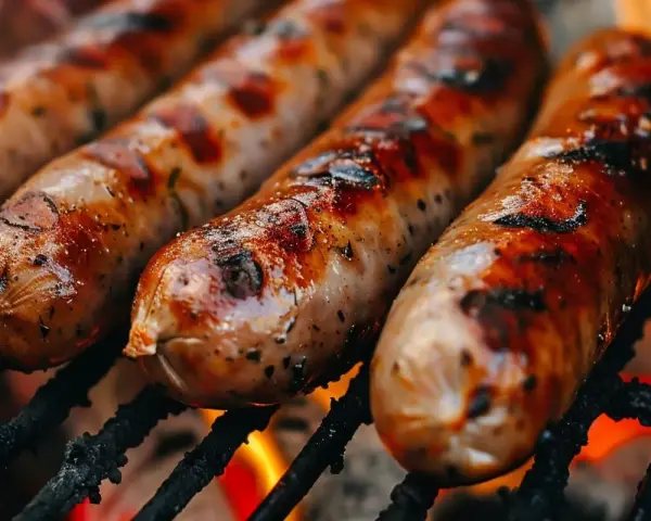 Soczysta kiełbasa z grilla, rumiana i pachnąca, piecze się nad ogniem. Idealna na letnie spotkania.