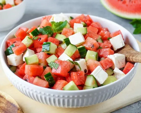 Erfrischender **Salat mit Melone**, Gurke und Feta in einer weißen Schüssel, garniert mit Minze. Perfekt für heiße Tage.