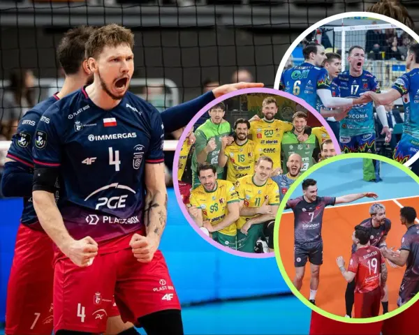 Siatkarze świętują awans do **final four**. Widać emocje na twarzach zawodników, radość i dumę z osiągnięcia celu.