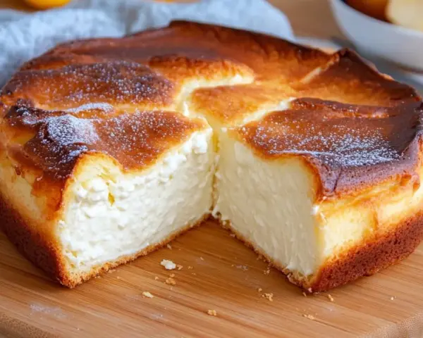 Gâteau aérien et crémeux, parfait pour une recette avec fromage blanc. Sa croûte dorée et son cœur moelleux invitent à la gourmandise.