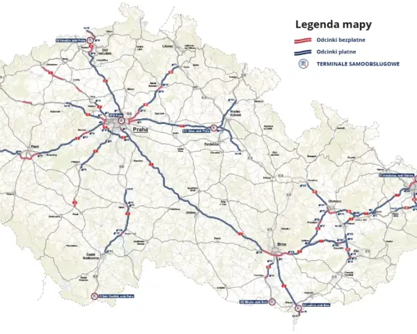 Mapa drog w Czechach. Czerwone linie to odcinki bezpłatne, niebieskie - płatne. Dowiedz się, ile kosztuje winieta na Czechy, analizując płatne trasy.