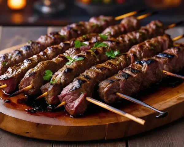 Siedem soczystych szaszłyków z grillowanego mięsa, ozdobionych natką pietruszki, tworzy prawdziwy kebab na drewnianej desce.