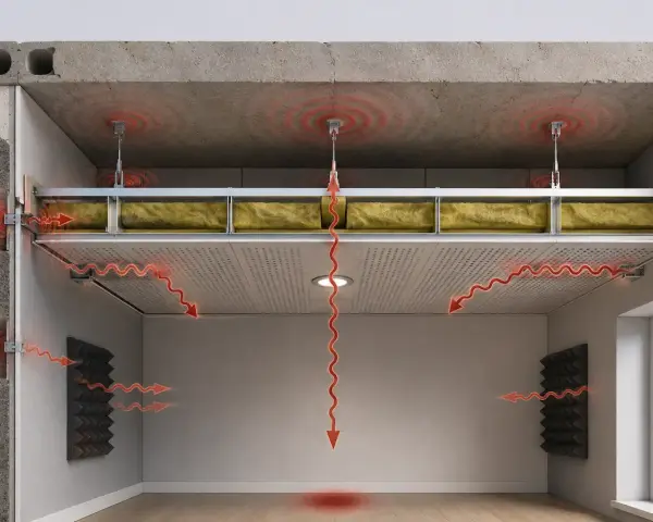 Sistema per insonorizzare soffitto: lana di roccia e pannelli fonoassorbenti bloccano le onde sonore, creando un ambiente silenzioso.
