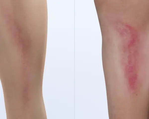 Vergleich zweier Beine: Links ein unauffälliger Bereich, rechts eine gerötete, geschwollene Stelle, die auf Thrombophlebitis Symptome hinweisen könnte.