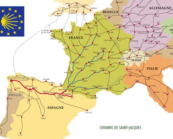 Carte des Chemins de Saint-Jacques, montrant les routes traversant la France, l'Espagne, le Portugal, l'Italie et l'Allemagne.