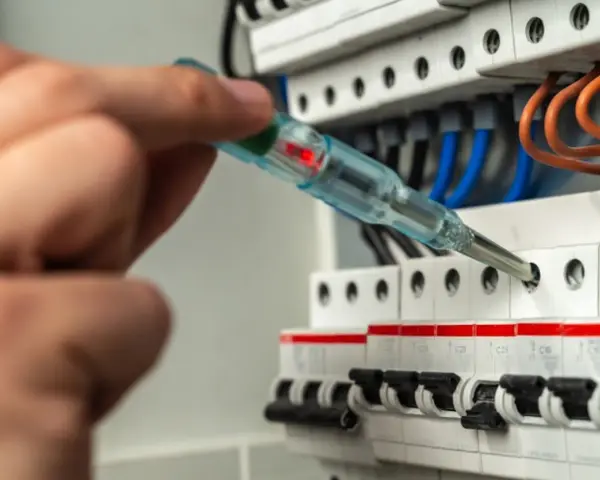 Dłoń trzymająca próbniki napięcia przy bezpiecznikach w skrzynce elektrycznej.