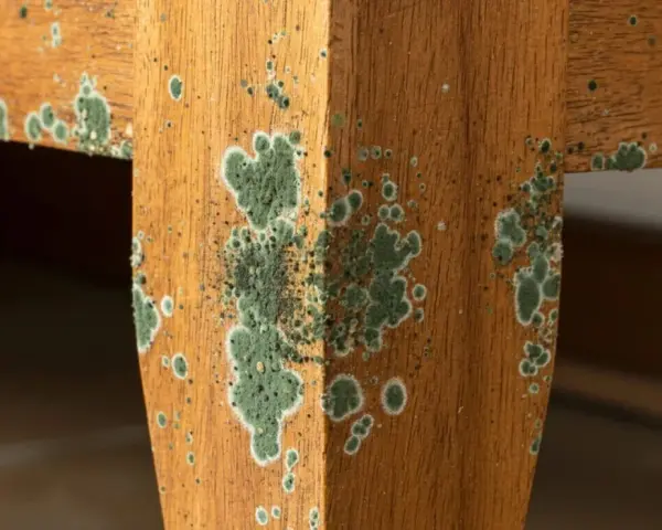 Moisissure verte envahit le bois d'un meuble, formant des taches rondes et des amas cotonneux.
