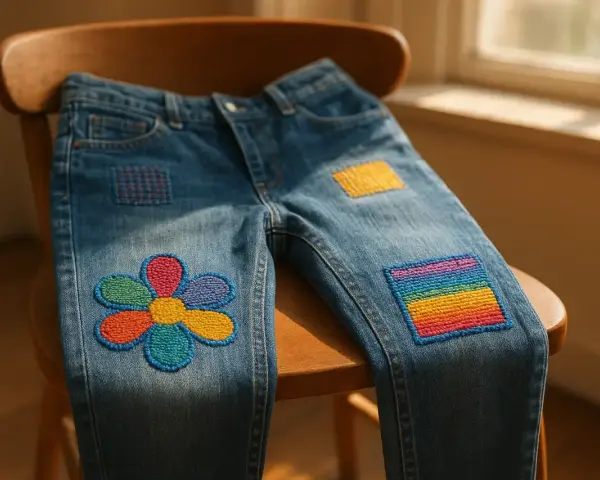 Jeans con colorati rammendi invisibili strappo: un fiore e un arcobaleno aggiungono allegria.