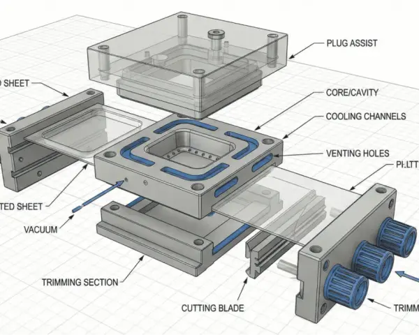 Exploded view of a vacuum forming mold design, showing heated sheets, vacuum, core/cavity, cooling channels, venting holes, and a cutting blade.