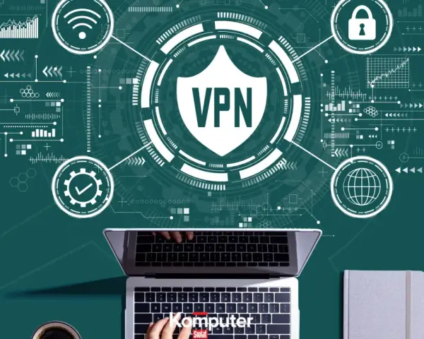 Grafika przedstawia laptopa z widokiem na klawiaturę, na tle schematów sieciowych i symboli VPN. To jak cyfrowy świat, gdzie hamachi zapewnia bezpieczne połączenie.