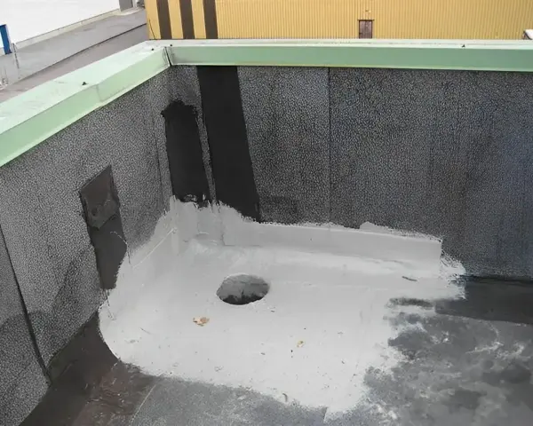 Fragment dachu z widocznym odpływem i nową warstwą hydroizolacji z **elastomeru**.