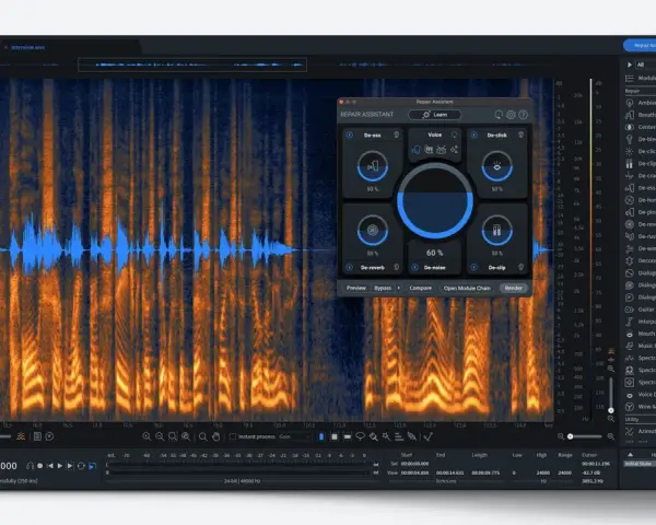 Das Interface von izotope rx 10 zeigt eine Wellenform und ein Spektrogramm. Der Reparaturassistent bietet Werkzeuge wie De-ess, De-noise und De-clip.
