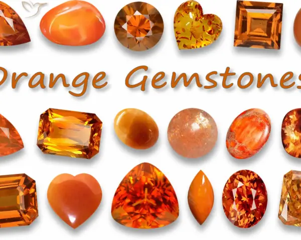 Collezione di pietre preziose arancioni, tra cui citrino, corniola e diaspro, con la scritta "Orange Gemstones".